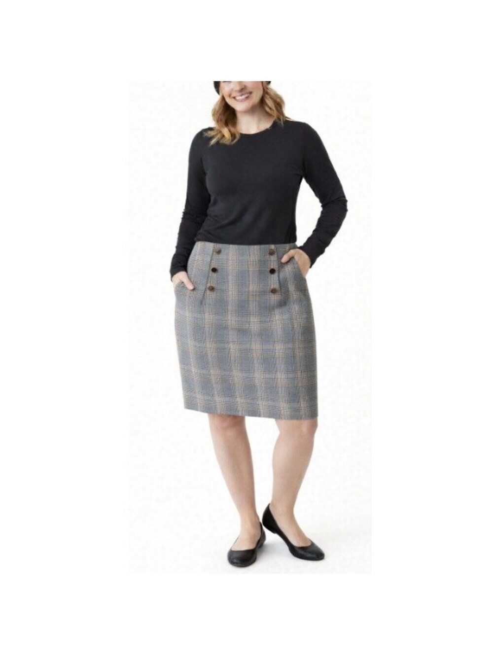 H&M Women's Tan Black Plaid Gold Buttons Zip Up High Waist Pencil Skirt Size 10